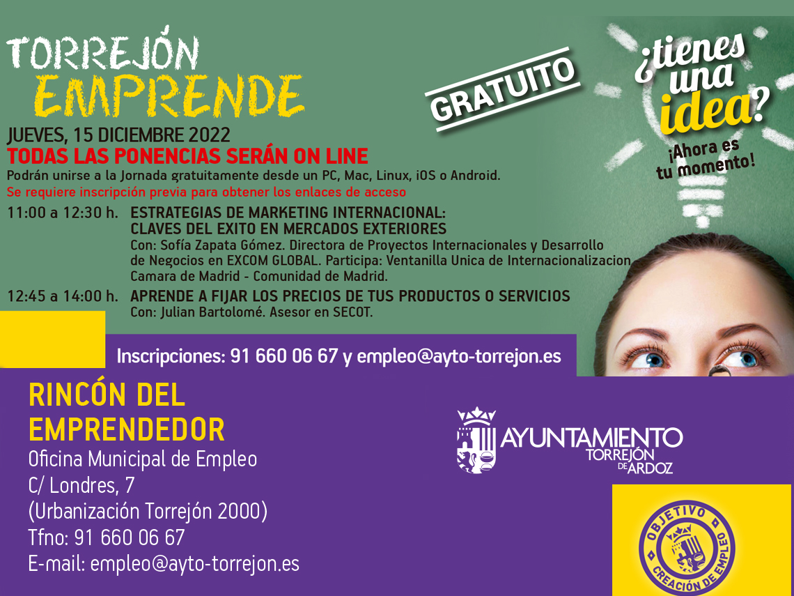 Mañana jueves, 15 de diciembre, dos nuevas jornadas gratuitas de Torrejón Emprende dirigidas a los pequeños empresarios locales